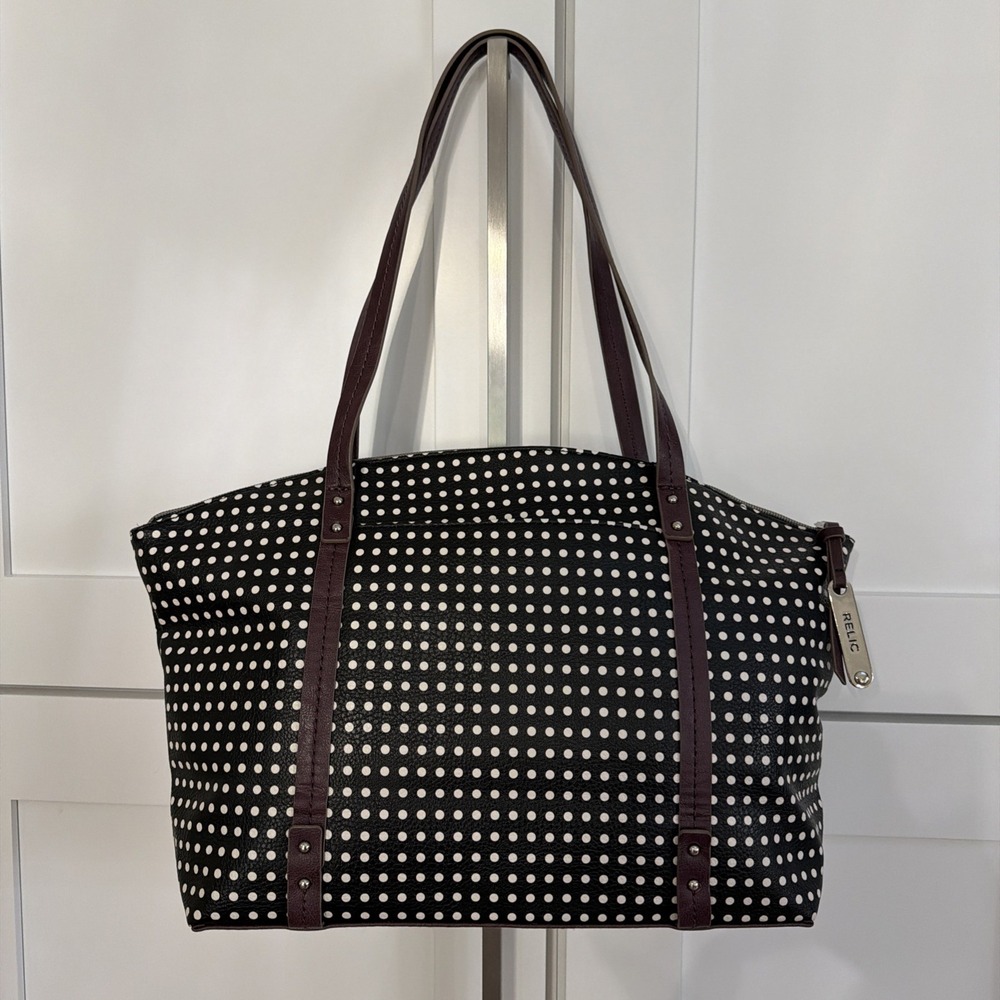 Relic Tote Purse Shoulder Bag Black W/ White Polka Dots 16" X 10" EUC